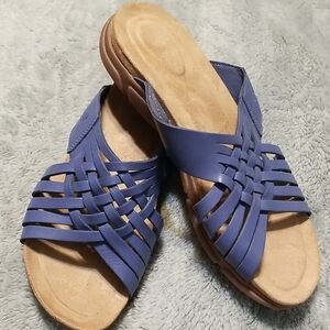 EASY SPIRIT LEATHER MEADOW SANDAL Sz 8.5, EUC, Blue W/ Criss Cross Weave Top